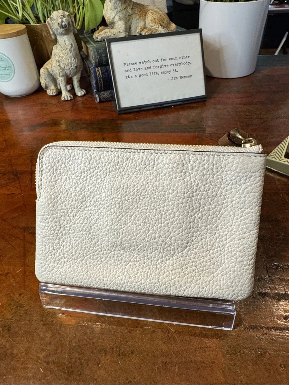 Coach White Pebbled Leather Wristlet with Rainbow Coach Logo
